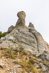 Mysterious mountain landscape of the Valley of Ghosts, a cluster of strangely shaped rocks on the western slope of Mount Demerdzhi in Crimea