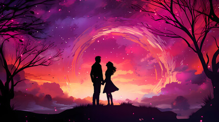 Romantic Couple Silhouette Standing in Front of Trees at Sunset with Pink Starry Night Sky, Valentine's Day Illustration Background