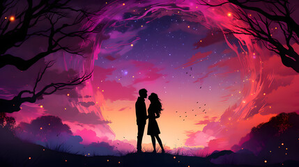 Romantic Couple Silhouette Standing in Front of Trees at Sunset with Pink Starry Night Sky, Valentine's Day Illustration Background