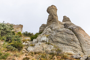 Mysterious mountain landscape of the Valley of Ghosts, a cluster of strangely shaped rocks on the western slope of Mount Demerdzhi in Crimea