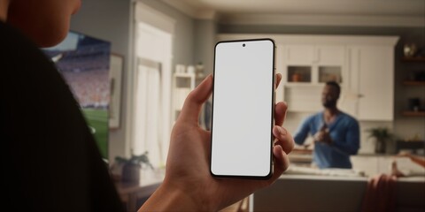 Caucasian woman watching football at home with friends, making bets on his phone