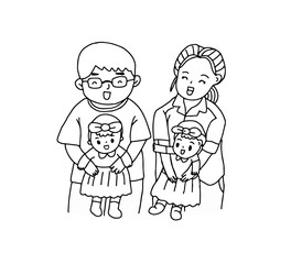 Happy dad and mom holding baby twins, outline drawing vector