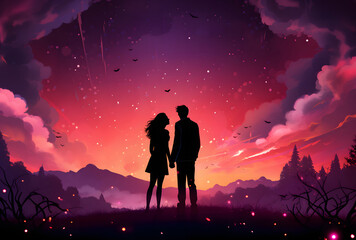 Romantic Couple Silhouette Standing in Front of Trees at Sunset with Pink Starry Night Sky, Valentine's Day Illustration Background
