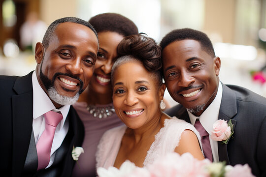 African American bride and groom at a wedding taking pictures with their parents.