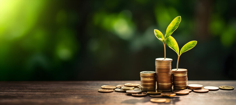 Close-up of a pile of coins with a green plant growing out of it, symbolizing the power of saving and investment to grow your wealth