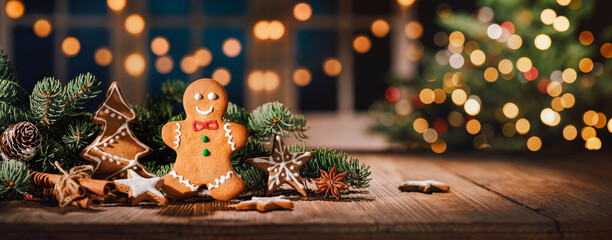 Christmas gingerbread cookies on wooden table - Powered by Adobe
