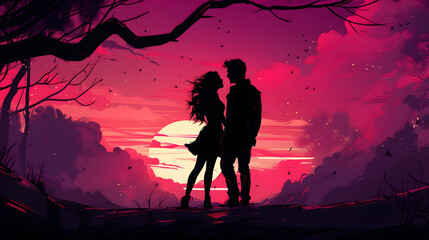 Romantic Couple Silhouette Standing in Front of Trees at Sunset with Pink Starry Night Sky, Valentine's Day Illustration Background