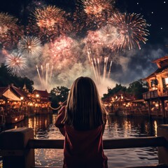 Young girl watching fireworks on bridge, beautiful village background,ai generated