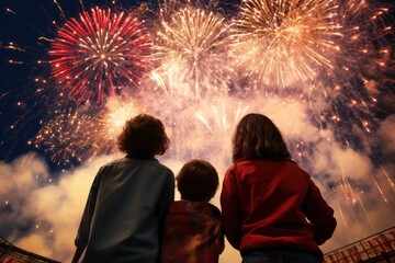 Children stand and watch lively images of fireworks at the end of the year festival. ai generated - obrazy, fototapety, plakaty