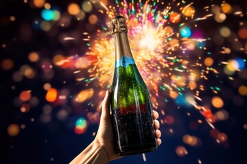 hands holding a wine bottle Spectacular New Year's Eve fireworks blurred background, ai generated