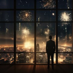 Businessman Watching Fireworks from High-Rise Window,ai generated