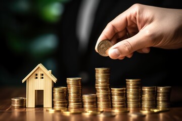 Invest Wisely in Real Estate Businessman Places House Icon on Growing Coin Stack,ai generated