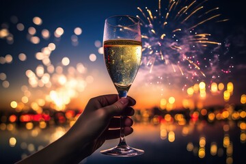 Raise your hand and hold a wine glass against the blurry background of spectacular fireworks. On New Year's Eve, ai generated - obrazy, fototapety, plakaty
