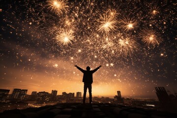 Silhouette Man Celebrates with Fireworks Against Starry Night Sky, ai generated