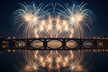 Vibrant Willow Fireworks Over City Skyline - River and Bridge Night Scene, ai generated