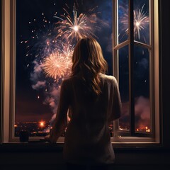 Woman Watches Dazzling Fireworks Display from City Window,ai generated