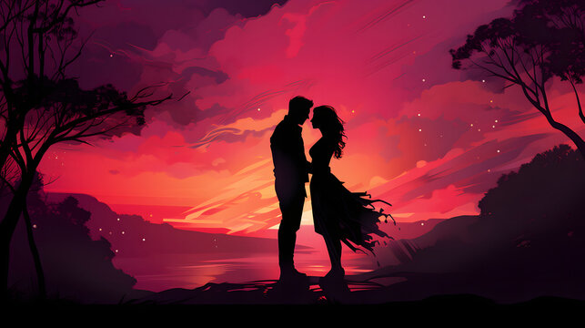 Romantic Couple Silhouette Standing in Front of Trees at Sunset with Pink Starry Night Sky, Valentine's Day Illustration Background