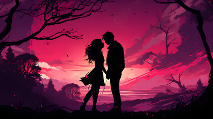 Romantic Couple Silhouette Standing in Front of Trees at Sunset with Pink Starry Night Sky, Valentine's Day Illustration Background