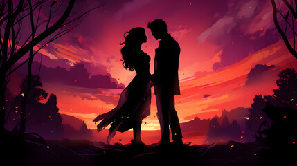 Romantic Couple Silhouette Standing in Front of Trees at Sunset with Pink Starry Night Sky, Valentine's Day Illustration Background