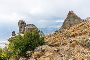 Mysterious mountain landscape of the Valley of Ghosts, a cluster of strangely shaped rocks on the western slope of Mount Demerdzhi in Crimea