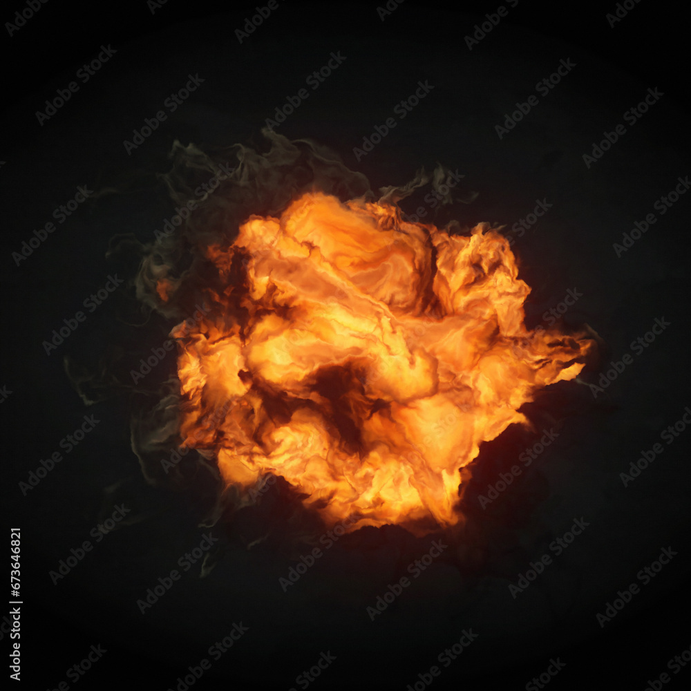Poster A large fiery explosion with a bright orange color palette and swirling smoke. 3d rendering digital illustration