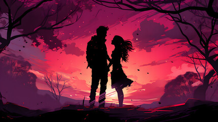 Romantic Couple Silhouette Standing in Front of Trees at Sunset with Pink Starry Night Sky, Valentine's Day Illustration Background