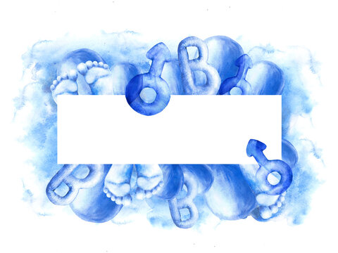 Newborn, gender reveal, birthday party It is a Boy baby square frame Air ballon with blue splashes letter B, footprint, male Mars sign. Watercolor hand drawn illustrations isolated on white background