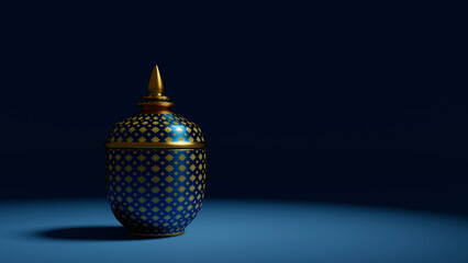 3D rendering exquisite Thai porcelain with intricate gold patterns on a royal blue background, showcasing traditional craftsmanship and luxury decor aesthetics.
