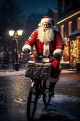 Merry Chrismas. Santa Claus rides bike on snowy street. Winter fairy scene with a chrismas atmosphere. Chrismas holyday postcard