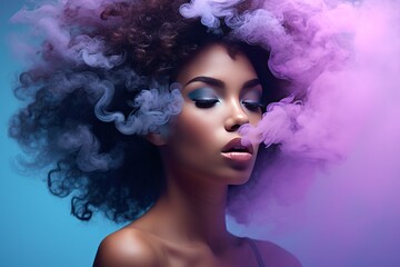 Beautiful African woman with a lush voluminous hairstyle in a cloud of colored smoke. Stylish portrait of a girl smoking a vape.