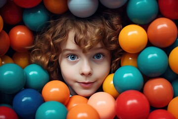 Fototapeta na wymiar The face of a happy boy looks out from a pile of colorful balls in a dry pool.