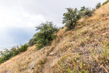 Obraz premium Mysterious mountain landscape of the Valley of Ghosts on the western slope of Mount Demerdzhi in Crimea. Popular tourism and trekking destination