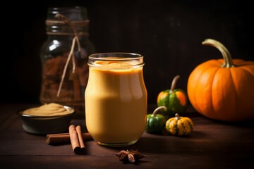 Pumpkin healthy drink glass. Autumn orange fall vitamin diet. Generate Ai