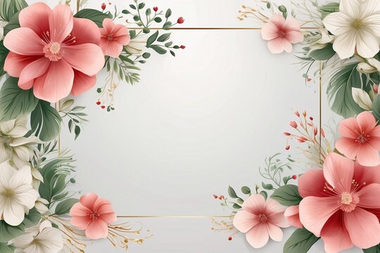 Background for party, birthday, wedding or graduation invitation in white color with floral frame with colorful decorations in soft art style. Generative Ai.