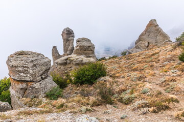 Mysterious mountain landscape of the Valley of Ghosts, a cluster of strangely shaped rocks on the western slope of Mount Demerdzhi in Crimea