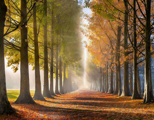 Une allée de feuilles mortes bordée de peupliers aux couleurs d'automne avec un léger brouillard traversé par des rayons de soleil
 - obrazy, fototapety, plakaty
