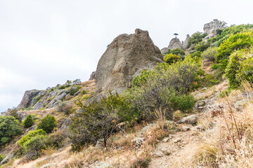 Mysterious mountain landscape of the Valley of Ghosts, a cluster of strangely shaped rocks on the western slope of Mount Demerdzhi in Crimea