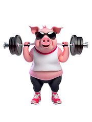 重りを持ち上げて運動する太った豚のイラスト