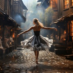 In a dimly lit historical street, a ballerina in a dark dress executes a pirouette, her movement contrasting with the old-world charm of her surroundings.
 - obrazy, fototapety, plakaty
