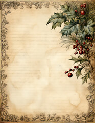 Vintage style paper with christmas berries decoration, ai design