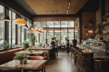 Blur coffee shop or cafe restaurant, Blurred restaurant background with some people and chefs and waiters working. Generative Ai.