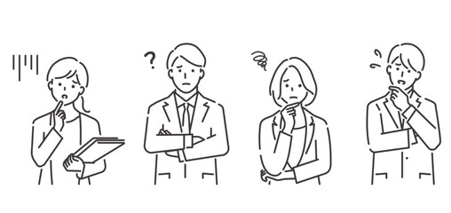 Naklejka premium 悩むビジネスパーソンの白黒ベクターイラスト素材。上半身。