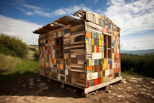 Shack wooden old pallets example roof. Architecture hovel roof shed home. Generate Ai