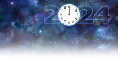 Happy New Year 2024 Celebration night sky header - a clock face showing midnight making the 0 of 2024 against a dark starry sky background fading to white and  copy space

