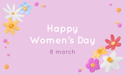 Women's day banner with clay flowers. Plasticine buds in 3d plastic style. Chamomile, narcissus, cartoon female decoration. Vector illustration on pastel purple background.