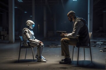 A man is in the process of interrogating a robot in a dark room. ai vs human concept - obrazy, fototapety, plakaty