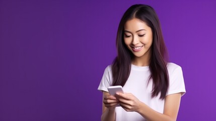Asian woman play_mobile game on smartphone and win white