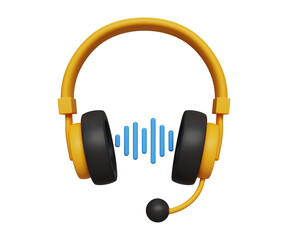 3D podcast listening concept. Music listening, entertainment, musical studio. Wireless headphones with sound wave. 3d illustration