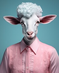 a cute sheep with horns in a pink shirt