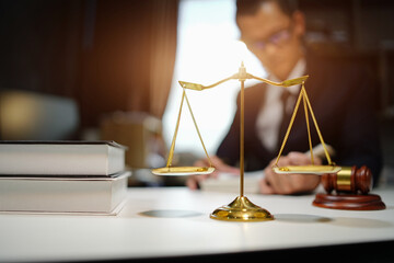 Judge gavel with Justice lawyers having team Concepts of Law and Legal services